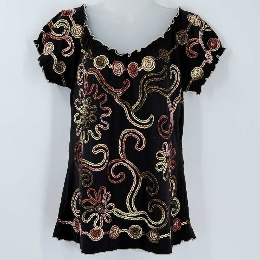 Vtg y2k Embroidered Floral top Womens sz M Metallic peasant boho festival‎